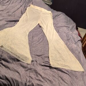 Cream Flared Pants with Flower Detailing See Thru